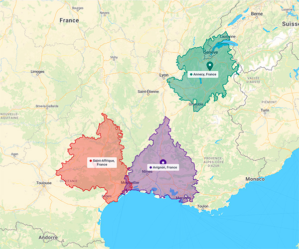 Zones d'intervention Steloweb - Carte générée par Smappen